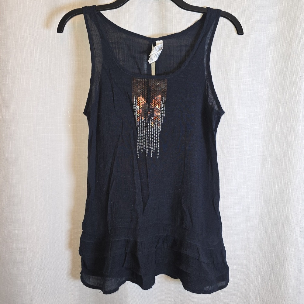 Aeropostale Sleeveless Sequined Ruffled Tank Top Sz Medium Navy Blue Rayon Blend